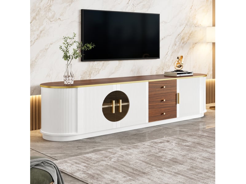  Meuble tv avec 3 tiroirs et 3 portes, portes en verre brun, pour salon, 180 × 40 × 46 cm, en mdf, blanc  - Conforama B