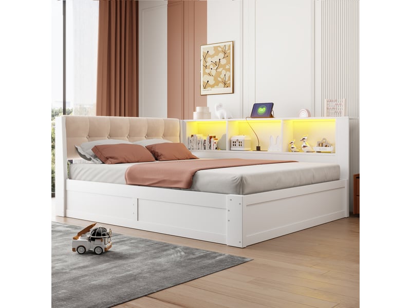 Lit avec rangement hydraulique en pin et mdf blanc 140x200 cm - Conforama B