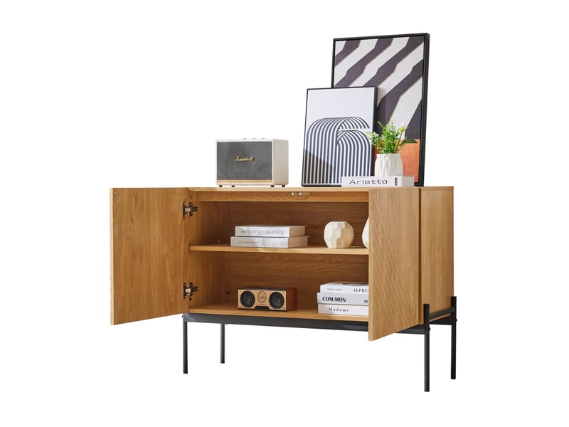  Buffet bas 2 portes avec pieds en métal, design à lignes, naturel, 100 x 40 x 75 cm  - Conforama A
