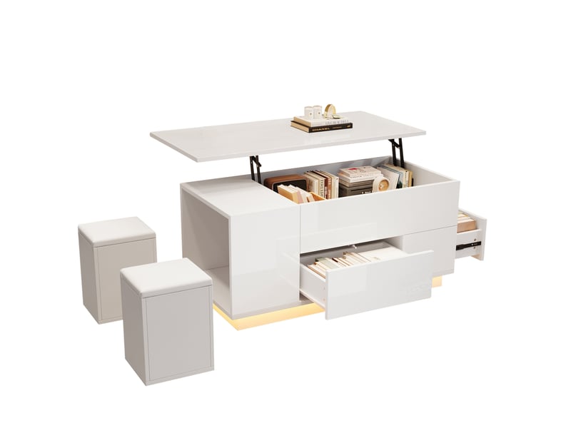  Table basse relevable 100 x 50 x 45 cm avec led, 2 tiroirs et 2 tabourets blanche  - Conforama A