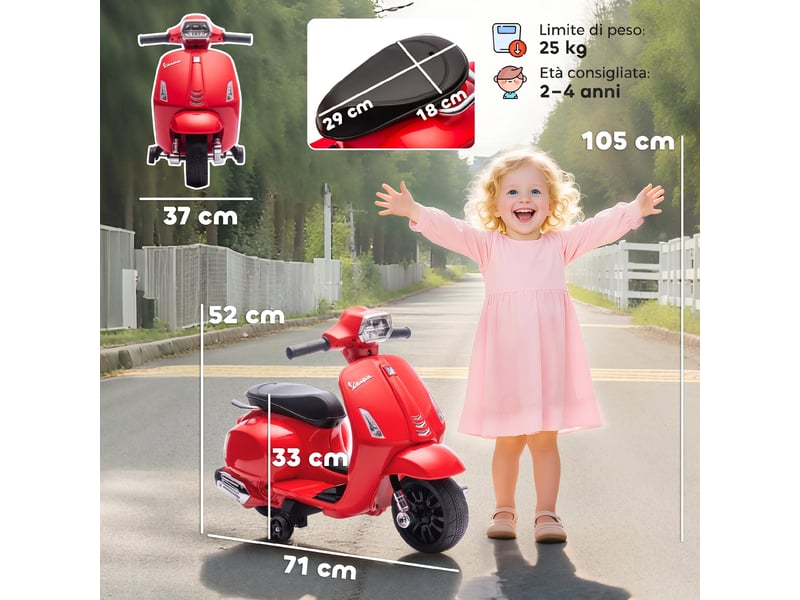  Moto électrique pour enfants avec permis vespa, batterie rechargeable 6v, roues et lumières, 2-4 ans, rouge  - Conforama E