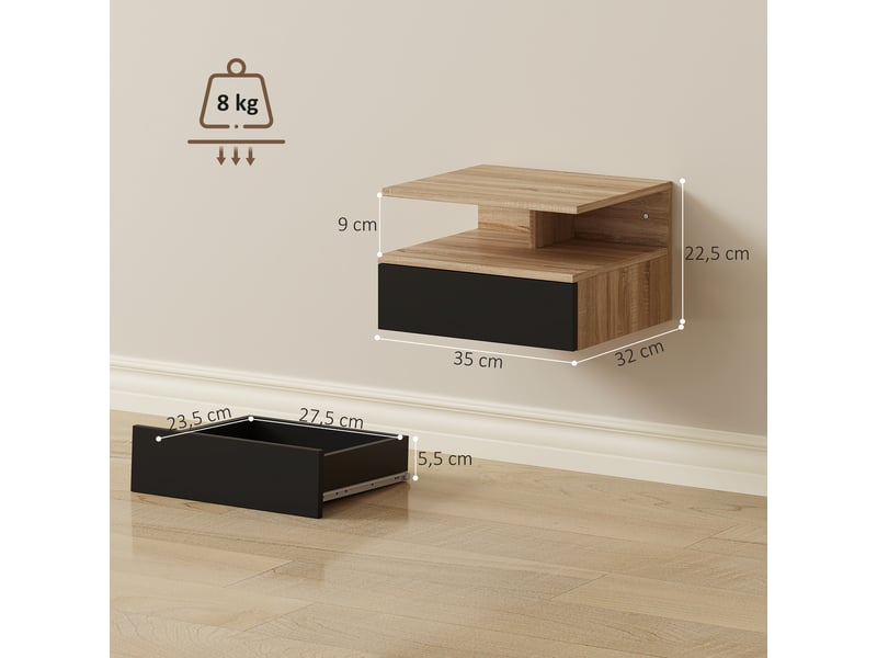  Ensemble de 2 tables de chevet suspendues avec tiroir, fixation murale, 35 x 32 x 22,5 cm, chêne et noir  - Conforama E