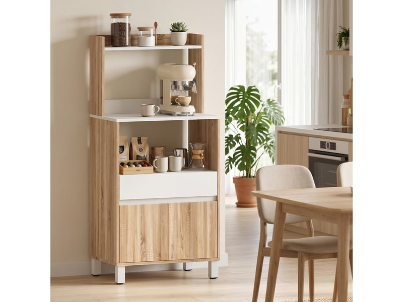  Meuble micro-ondes, buffet de cuisine avec tiroir, 2 portes à fermeture amortie, plan de travail et étagères ouvertes, chêne  - Conforama D