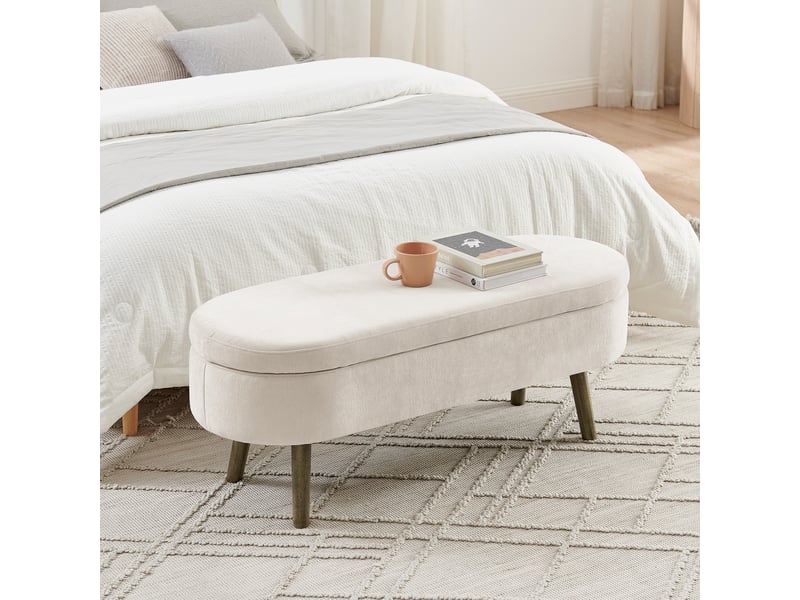  Banc coffre en chenille et bois massif beige 110×40×42 cm, rangement 20 l, forme arrondie, pieds en bois  - Conforama B