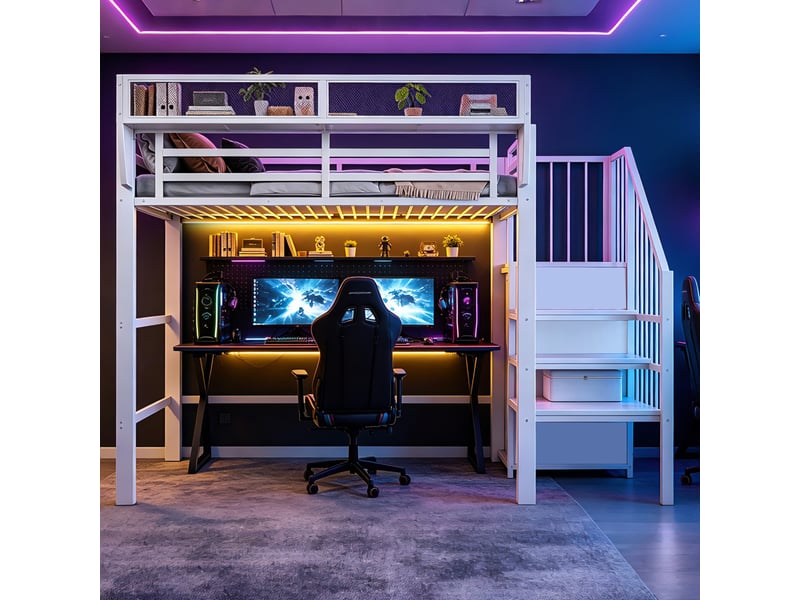  Lit mezzanine 90x200 cm avec bande led, lit surélevé en métal avec échelle sécurisée et rangements modulables, gain de place, blanc OPULERANE TRADING LTD - Conforama B
