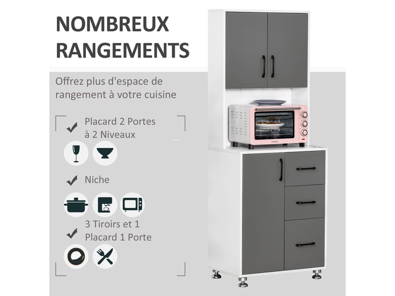 Buffet haut cuisine, armoire de cuisine, vaisselier avec 3 portes, 3 tiroirs et plan de travail, meuble de rangement pour salon, salle à manger, style moderne, gris, 60 x 40 x 160 cm - Conforama E