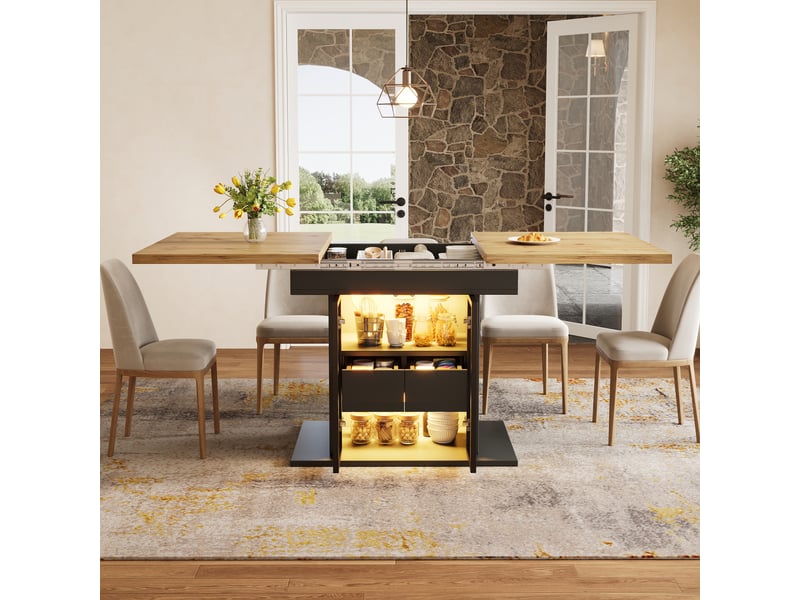  Table extensible avec 2 tiroirs, portes vitrées et led pour salle à manger 110–140×80×77,9 cm noir  - Conforama B