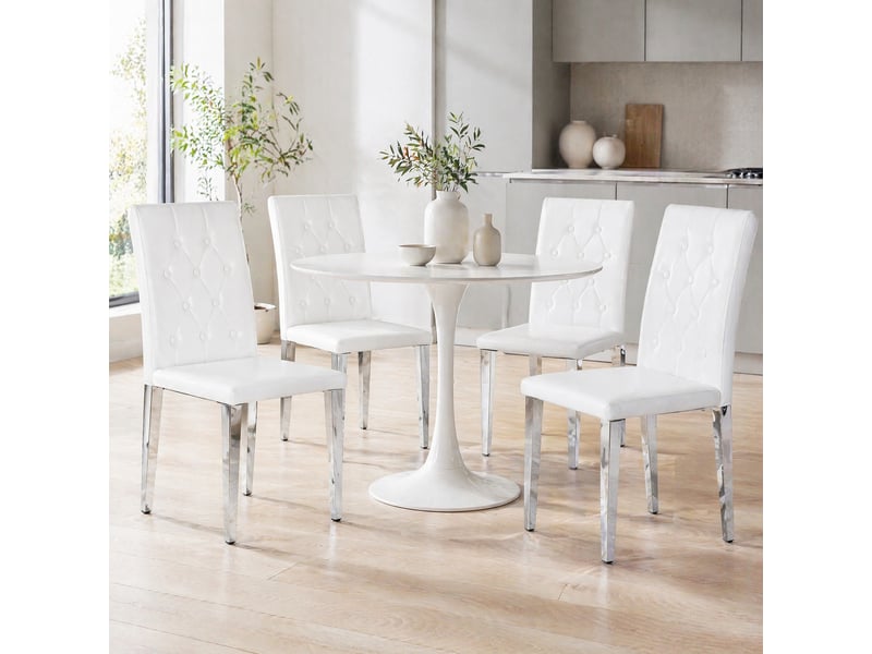  Lot de 4 chaises de salle à manger en pu blanc, pieds métal argenté brillant  - Conforama E