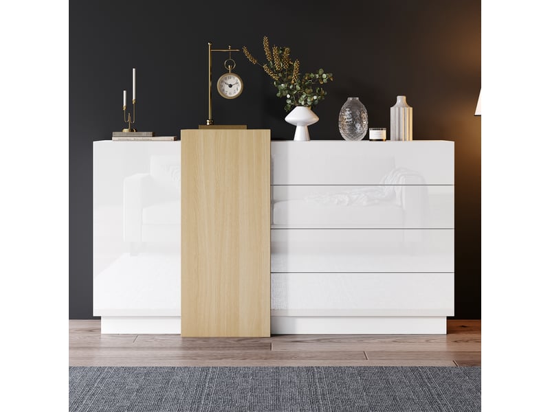 Buffet blanc laqué brillant 140x35x76,5 cm, meuble rangement moderne avec 4 tiroirs et 2 portes, mdf - Conforama W
