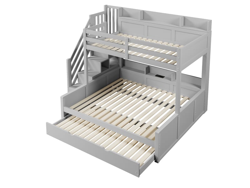 Lit superposé 90x200cm + 140x200cm - avec lit gigogne - avec échelle de rangement et port usb - mdf - gris (sans matelas) - Conforama W