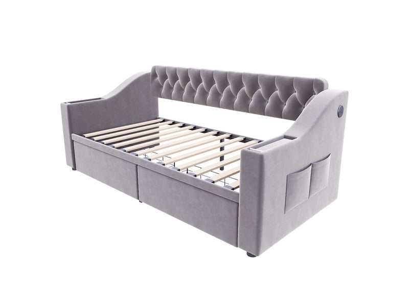  Lit canapé velours gris clair 90x190 cm avec accoudoirs usb, rangements et tiroirs  - Conforama E