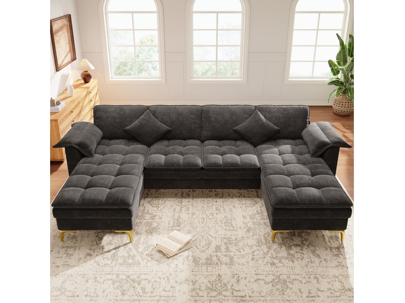 Canapé panoramique en u 4 places modulaire avec deux méridiennes, coussins et pieds en métal doré, en chenille gris - Conforama B