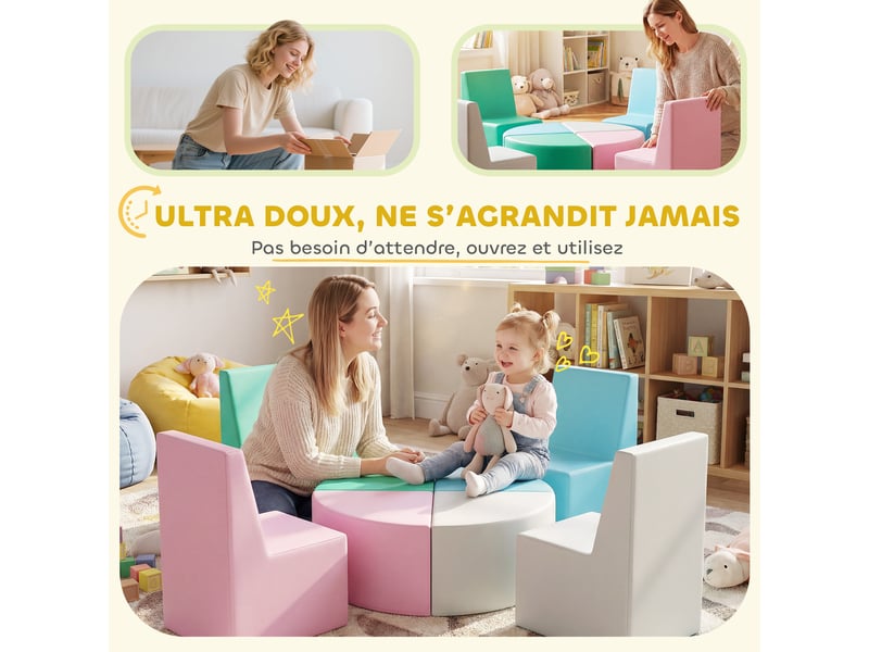  Parcours motricité bébé 8pcs, module motricité bébé mousse epe et housse en pu, design table et chaises, multicolore  - Conforama E