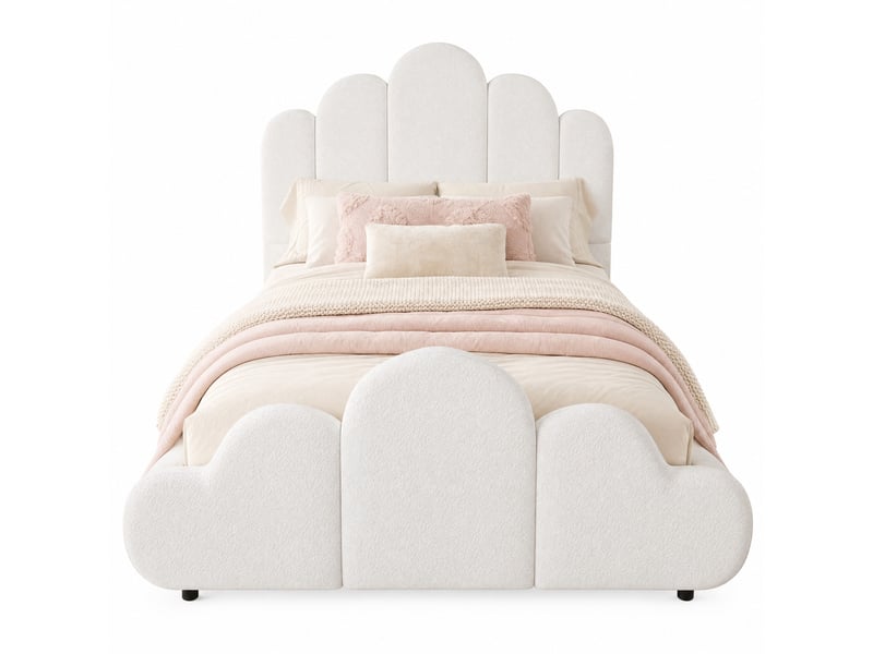  Lit enfant simple 90×200 cm, tête de lit rembourrée, coins arrondis  - sans matelas, tissu bouclette beige  - Conforama A