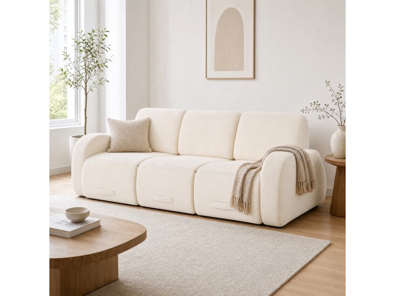  Canapé d'angle modulable convertible en lit 3 places sans montage avec structure compressée, en velours côtelé beige  - Conforama D