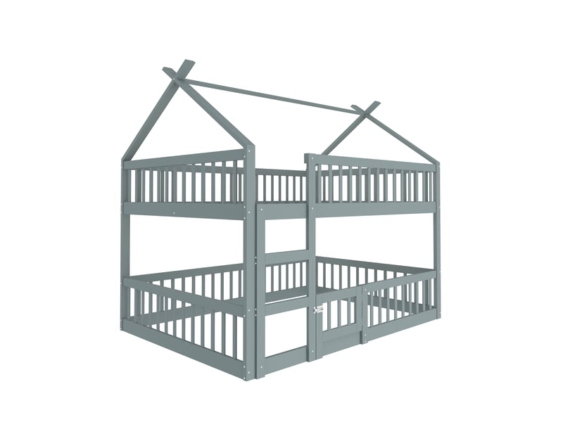  Lit superposé enfant 140x200 gris, lit mezzanine avec escalier et toit, cadre en bois massif pour chambre, charge 120 kg  - Conforama D