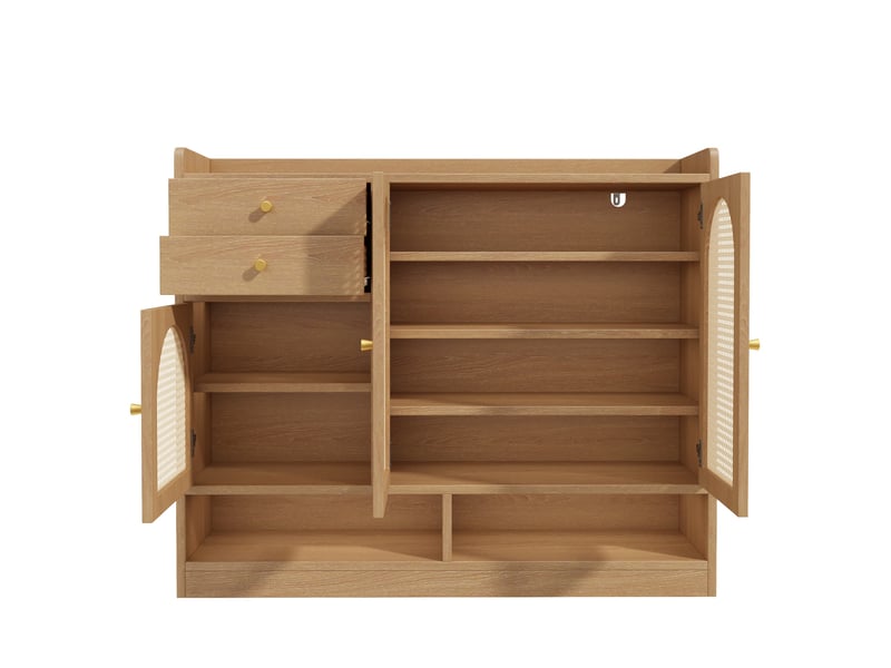  Meuble à chaussures 120x35x100 cm avec 3 portes effet cannage, 2 tiroirs, niches ouvertes et éclairage LED - Naturel Fay Lum - Conforama D
