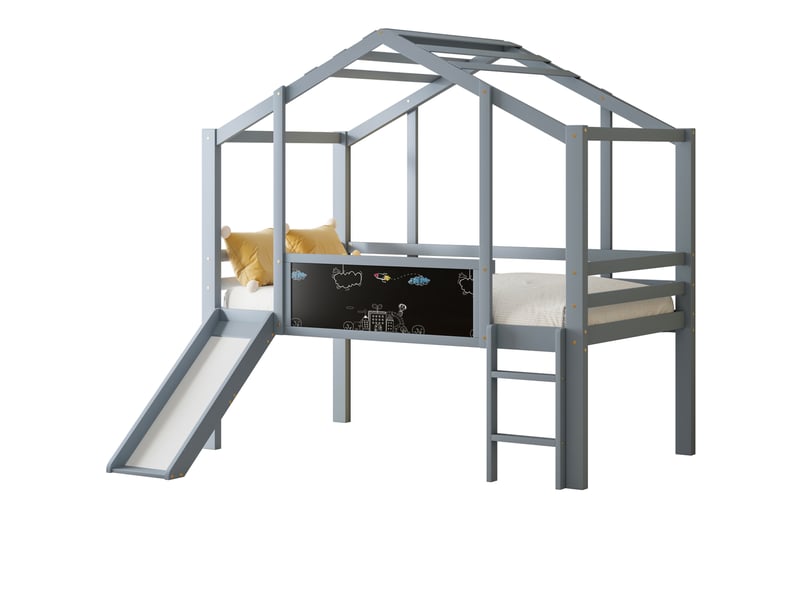  Lit mezzanine enfant 90 x 200 cm avec toboggan, échelle, tableau et barrières gris  - Conforama A