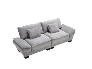Canapé droit fixe 2 places en velours gris clair, 224 cm, avec 2 coussins et assise profonde pour le salon