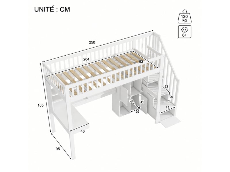 Lit mezzanine blanc 90 x 200 cm avec bureau, échelle de rangement et éclairage led, structure en pin et mdf - Conforama C