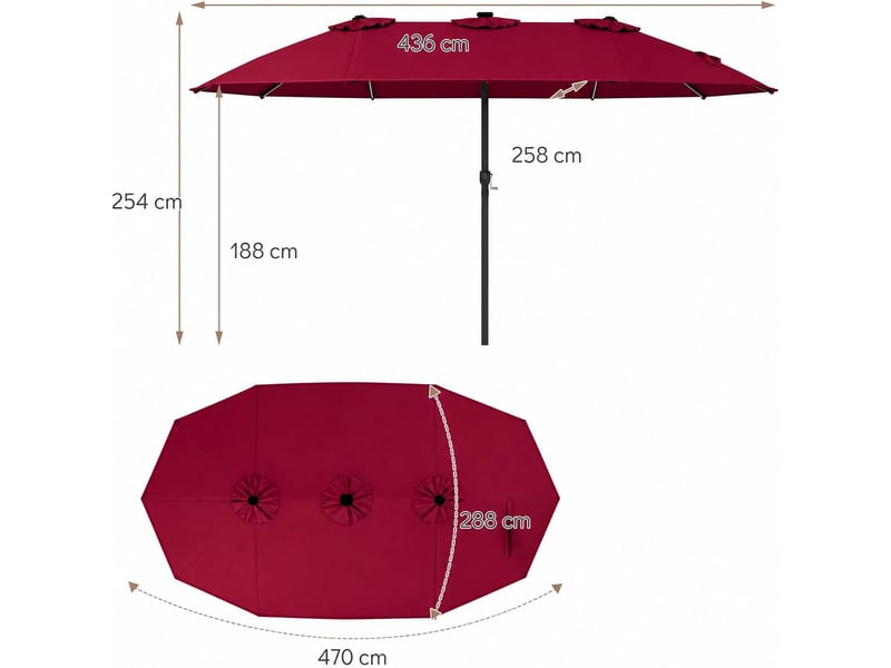  Parasol double à 12 baleines (rouge, 4,36 x 2,58 m, led, pied non inclus) | parasol rectangulaire avec manivelle, 144 led solaires, 12 modes  - Conforama B