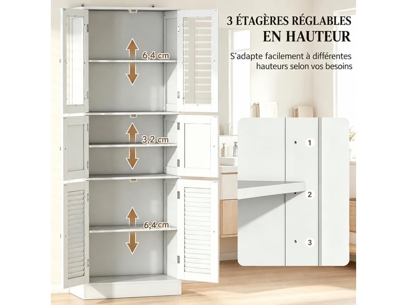  Armoire haute de salle de bain blanche à 6 portes, 60 x 30 x 170 cm  - Conforama D
