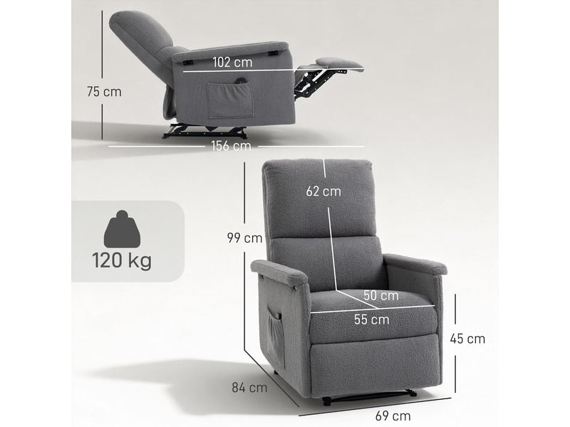 Fauteuil de massage inclinable en tissu teddy gris 69x84x99 cm  - Conforama C