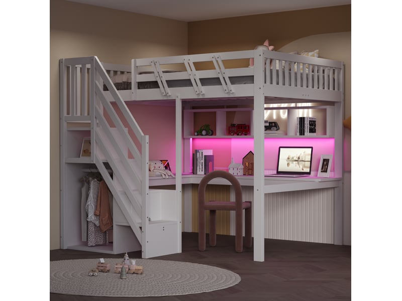  Lit mezzanine enfant 140 x 200 cm blanc avec bureau, rangements, usb et éclairage led  - Conforama B