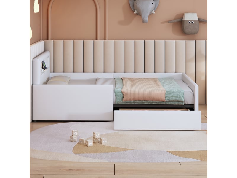  Lit enfant 90x200 cm avec led, tiroir, port usb, sommier, cuir artificiel blanc, sans matelas  - Conforama W