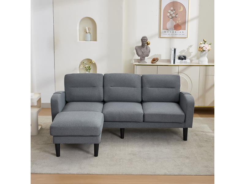  Canapé d’angle gris 3 places avec méridienne, canapé modulaire en tissu pour salon, 204 x 136 x 80 cm avec rangements latéraux  - Conforama E