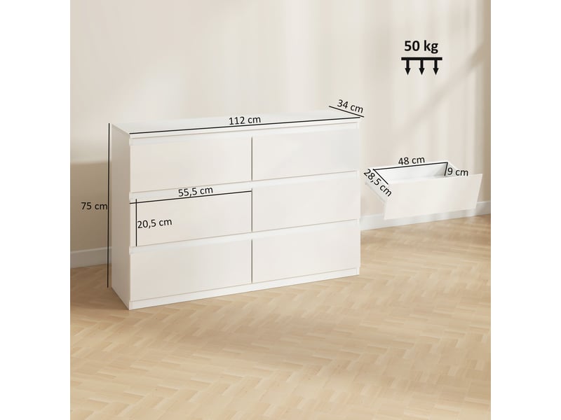  Commode à 6 tiroirs, meuble de rangement moderne pour la chambre, blanche  - Conforama E