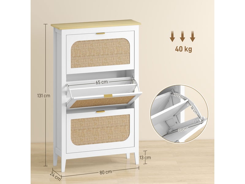  Meuble à chaussures 21 paires bohème avec 3 tiroirs rabattables, portes effet cannage rotin, 80 x 24 x 131 cm, blanc  - Conforama D