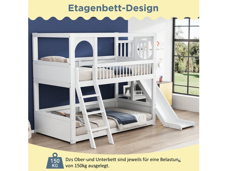  Lit superposé multifonctionnel pour enfant avec étagères, toboggan et rangement en pin blanc 90 × 200 cm  - Conforama E