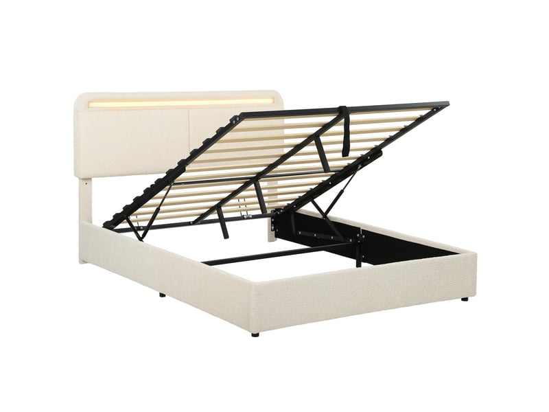  Lit coffre led 160x200cm - tête de lit réglable, pied de lit et sommier - télécommande, vérins pneumatiques - flanelle crème  - Conforama E
