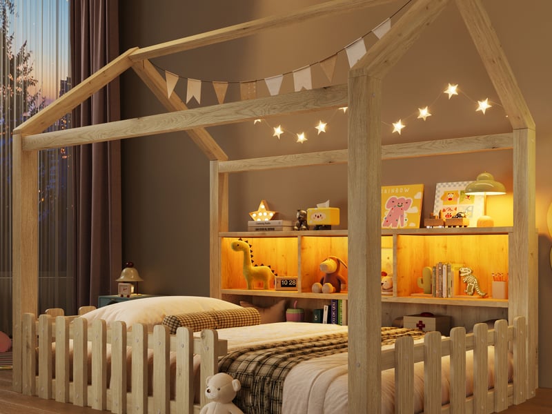  Lit cabane enfant 90x190 cm, avec barrière, étagères de rangement et led, style minimaliste, naturel  - Conforama B