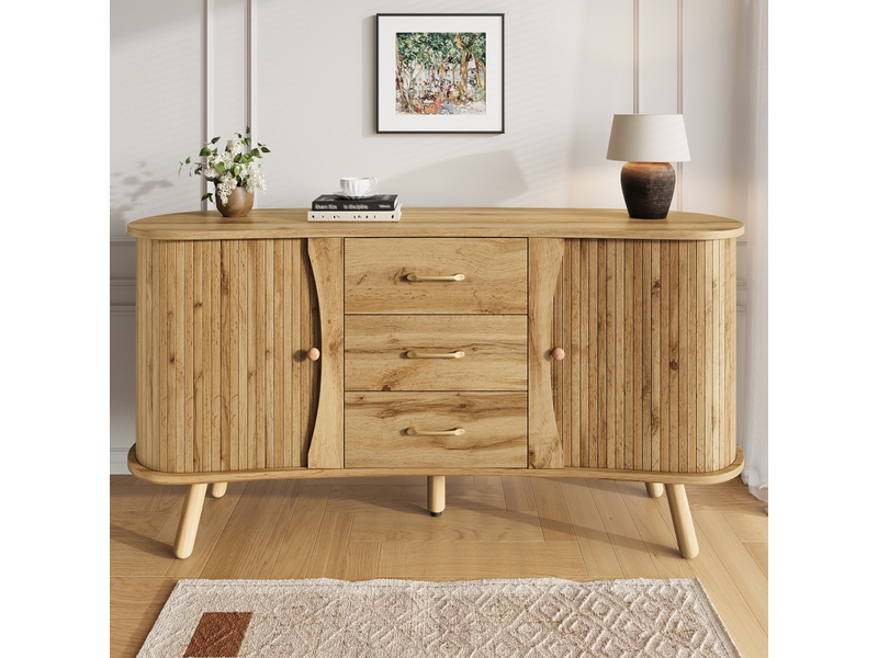 Buffet scandinave 150x36x75 cm forme haricot - 2 portes coulissantes 3 tiroirs étagères réglables pieds bois massif - naturel BUYDEEMEUS - Conforama B