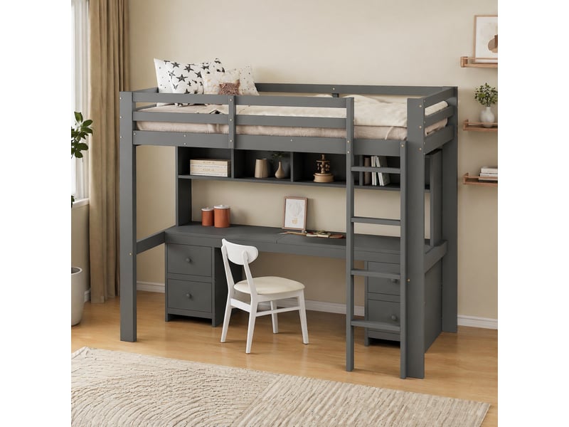  Lit mezzanine enfant 90 x 200 cm gris avec bureau et rangements  - Conforama C
