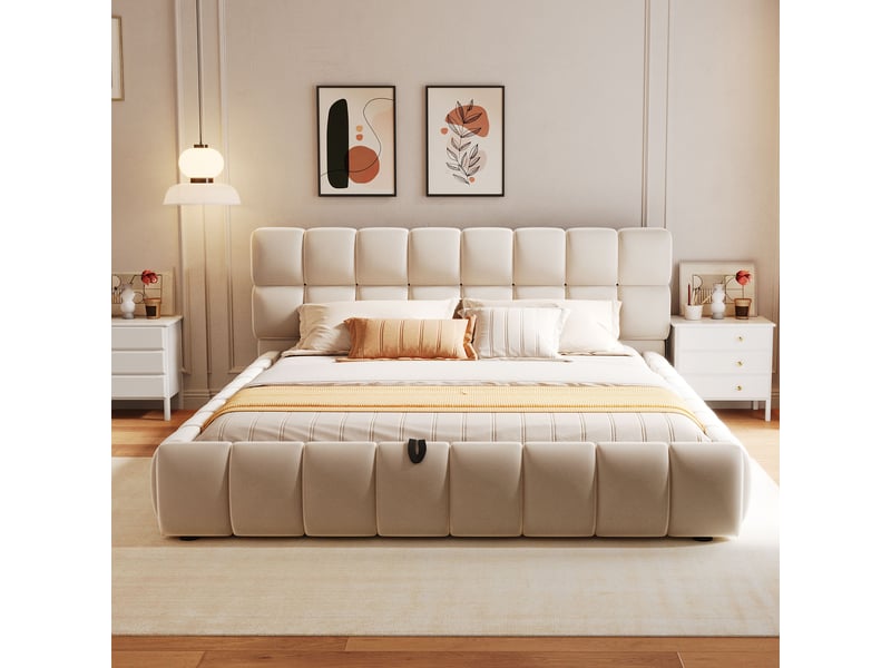  Lit coffre 140 × 200 cm 2 places avec rangement hydraulique et tête rembourrée, sans matelas, velours beige  - Conforama E