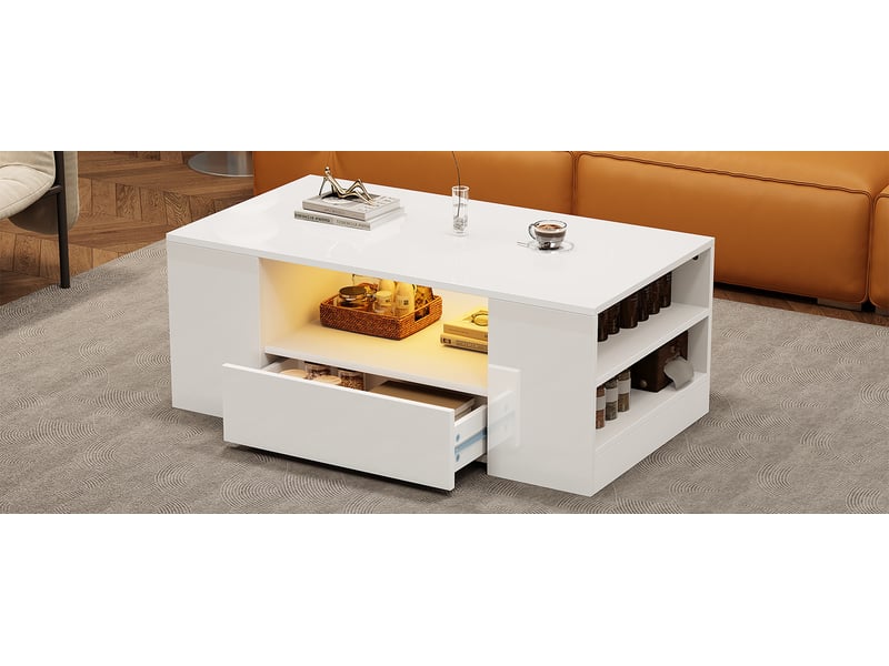  Table basse, mdf, blanc, 95 x 53 x 37 cm, avec éclairage led, avec rangement  - Conforama D