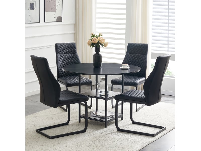  Ensemble repas 4 personnes, table ronde ø107 cm et 4 chaises noires en pu  - Conforama D