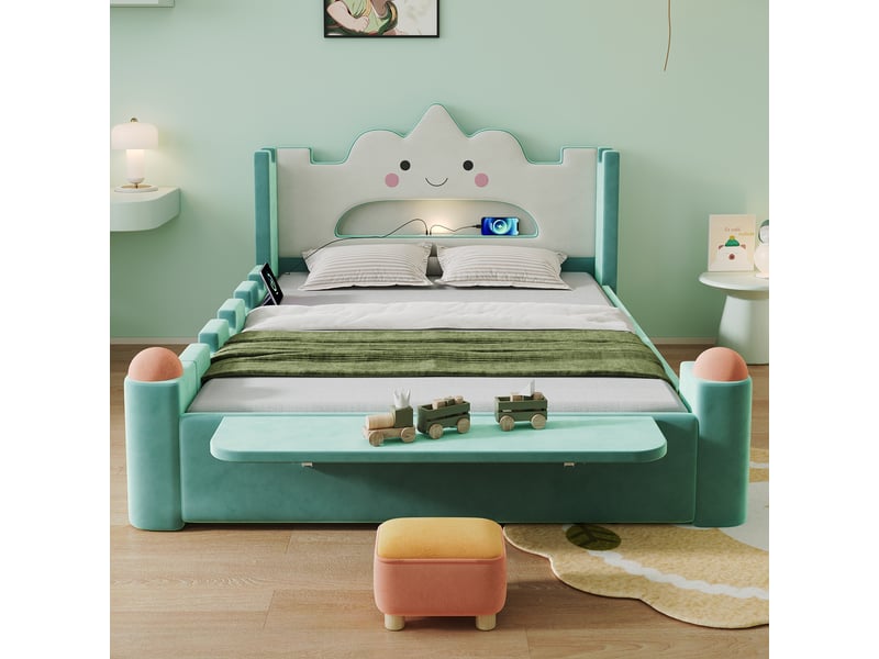  Lit coffre capitonné 140x200 cm bleu canard velours avec lampe de lecture led port usb tiroir de rangement et tablette rabattable Sol Morn - Conforama E