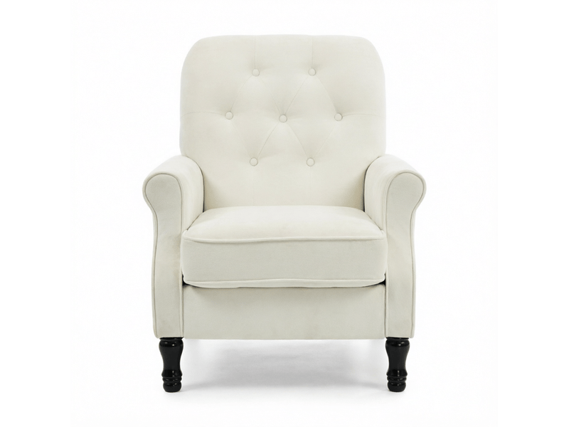  Fauteuil de salon capitonné avec coussin à ressorts ensachés et pieds en bois, en tissu aspect lin crème  - Conforama A