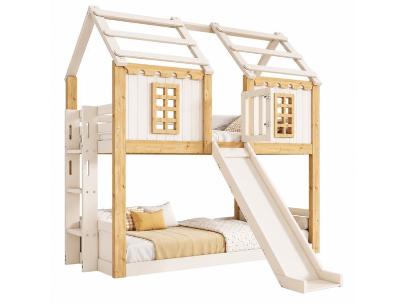  Lit superposé enfant 90 x 200 cm en bois, forme maison, toboggan, échelle, garde-corps de sécurité 360°, blanc naturel, sans matelas  - Conforama A