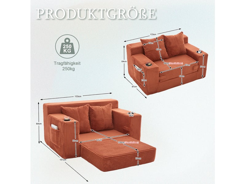  Canapé convertible 2 places avec coussins, porte-gobelet et poches latérales en velours côtelé orange  - Conforama C