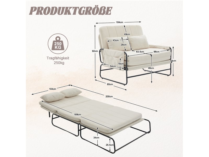 Canapé convertible 2 places avec poches latérales et coussin lombaire, structure en métal et chenille beige - Conforama E