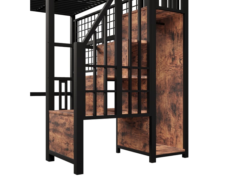  Lit mezzanine 90 × 200 cm, escalier de rangement, penderie ouverte, grille métallique arrière, led, métal et mdf, noir  - Conforama E