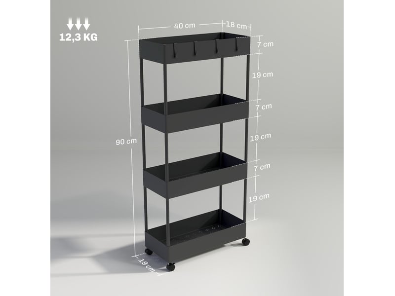  Desserte de cuisine 40x19x90 cm 4 niveaux avec roulettes et freins métal noir  - Conforama C