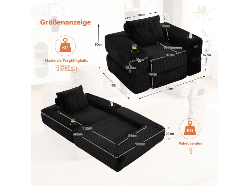  Canapé convertible 2 places en velours côtelé noir avec porte-gobelet et poches latérales  - Conforama C