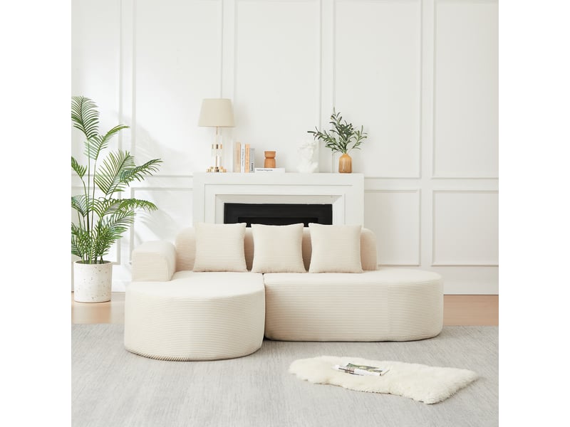  Canapé d’angle modulable 220 cm en velours côtelé – lignes arrondies et 3 coussins inclus, beige  - Conforama D