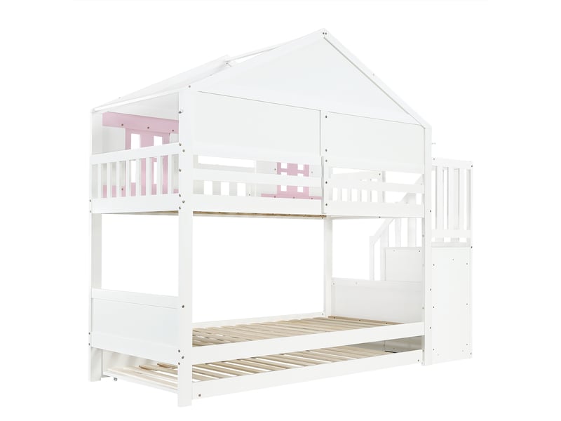  Lit superposé enfant maison avec lit gigogne, pinmdf blanc rose, 90x200cm, fenêtre, toit et sommier robuste  - Conforama E